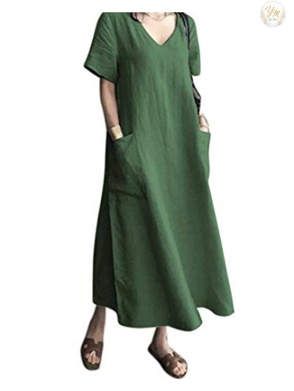 Linen Cotton Kaftan Maxi Dress V-Neck Short Sleeve Side Pockets Casual Beach